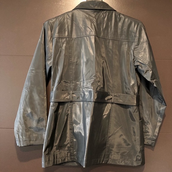 Urban Behavior Shiny Black Faux Leather Trench Coat Button Down Front & Belt Tie - Picture 2 of 5
